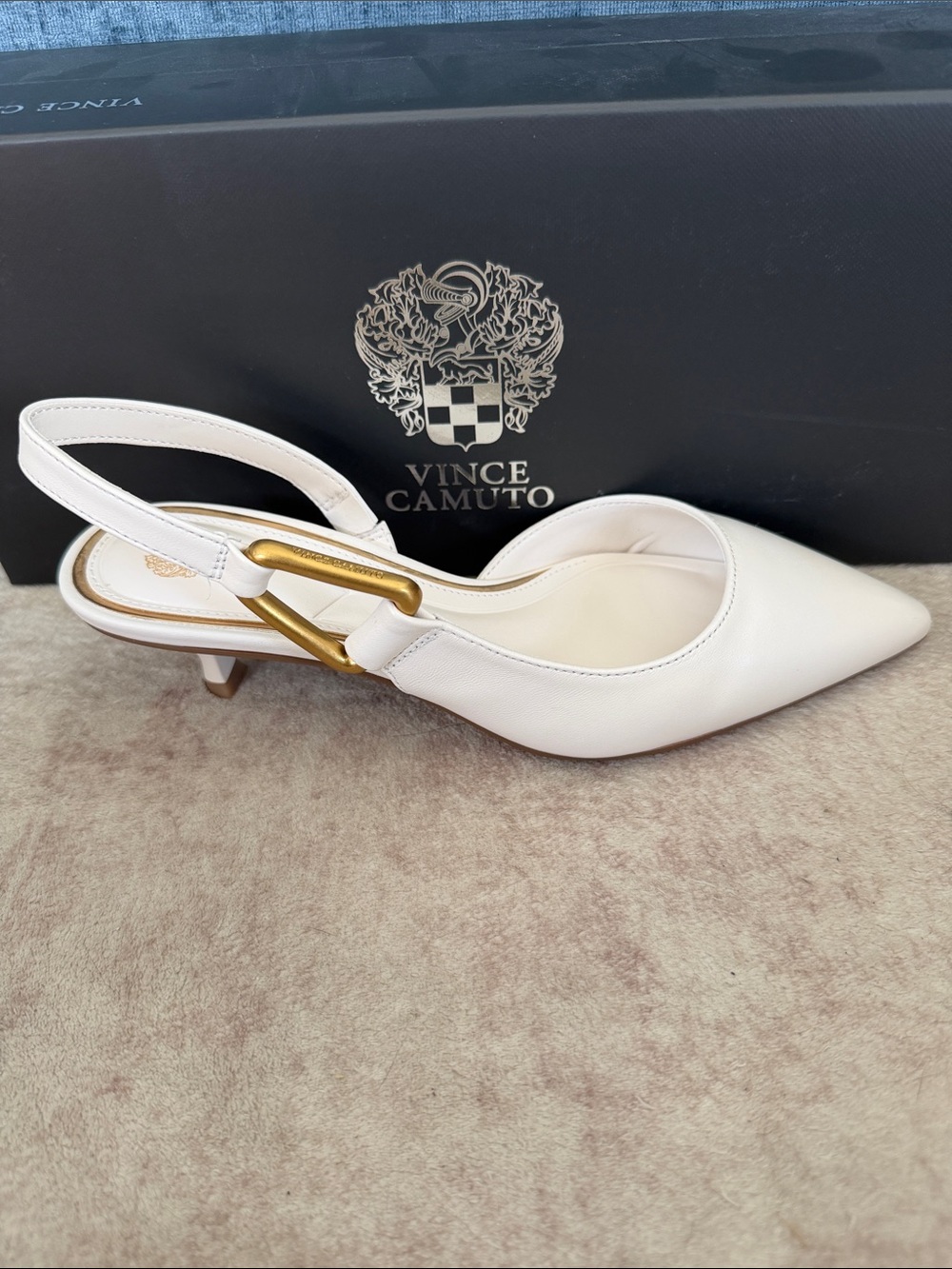 Vince Camuto Inari White Pointed-Toe Slingback Kitten Heel with Gold Buckle